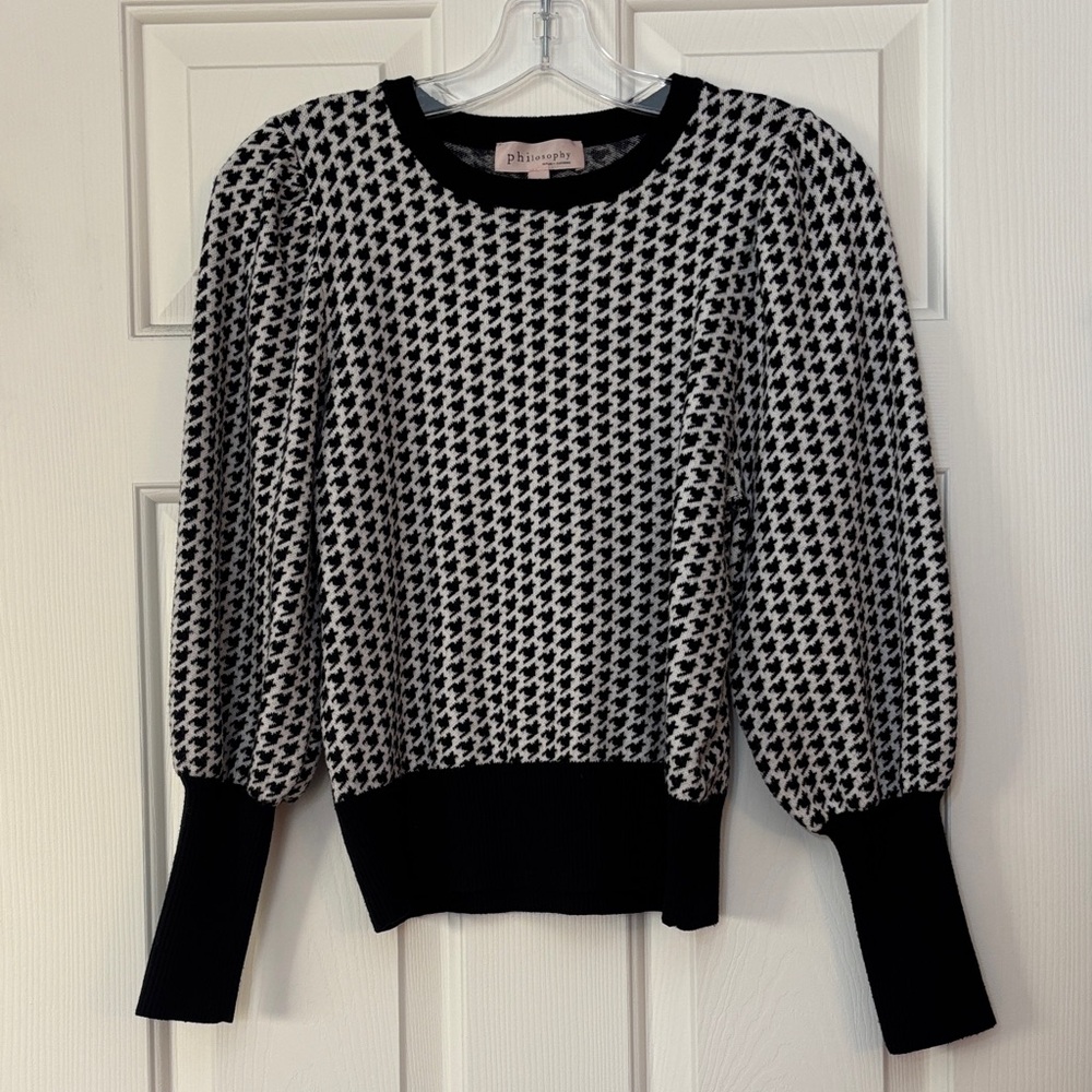 Philosophy Houndstooth White Black Puffed Long Sleeve Women's Sweater Size M